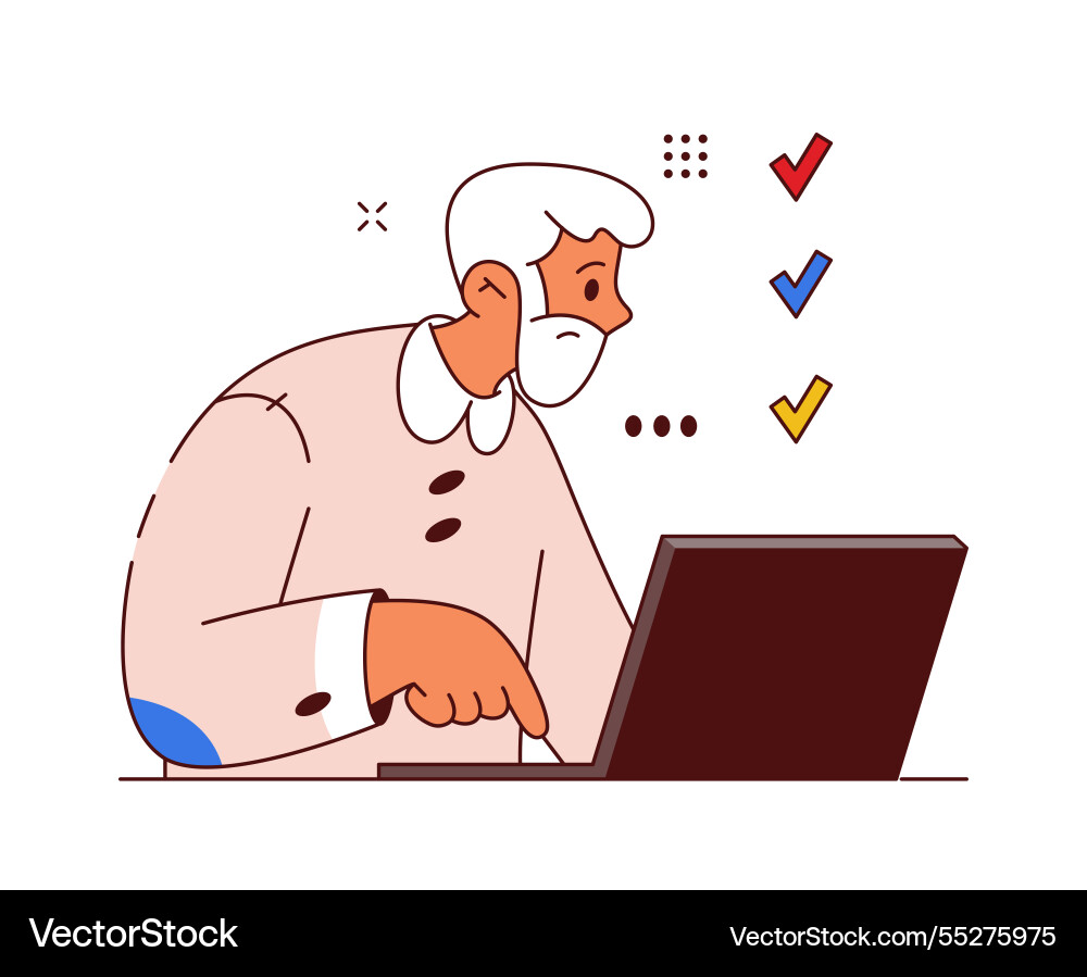 Senior man taking test or exam online Senior man taking test or exam online vector image
