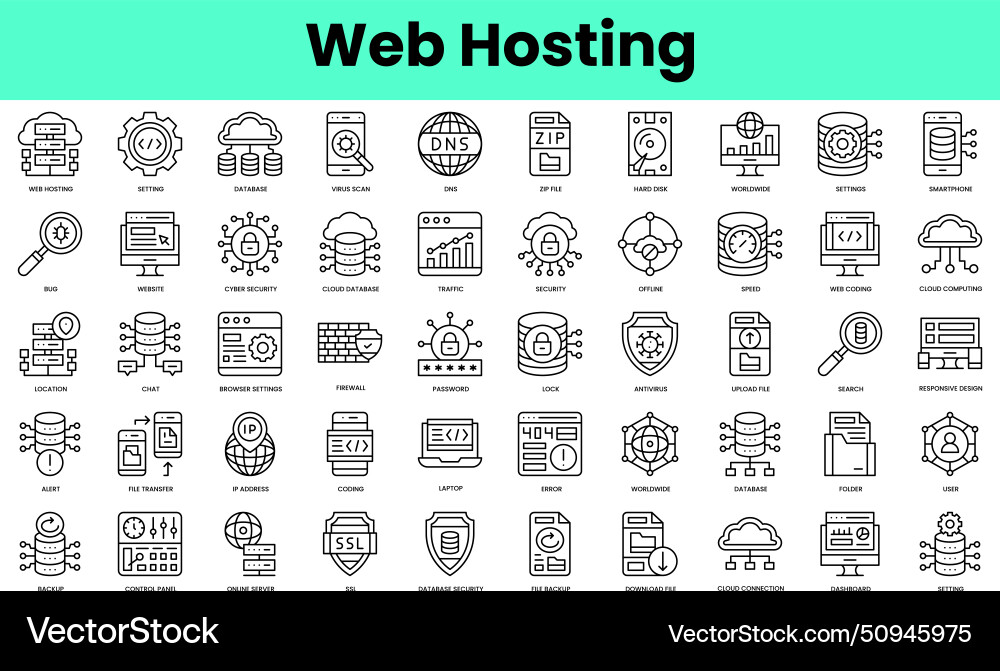 Set of web hosting icons linear style icon bundle Set of web hosting icons linear style icon bundle vector image