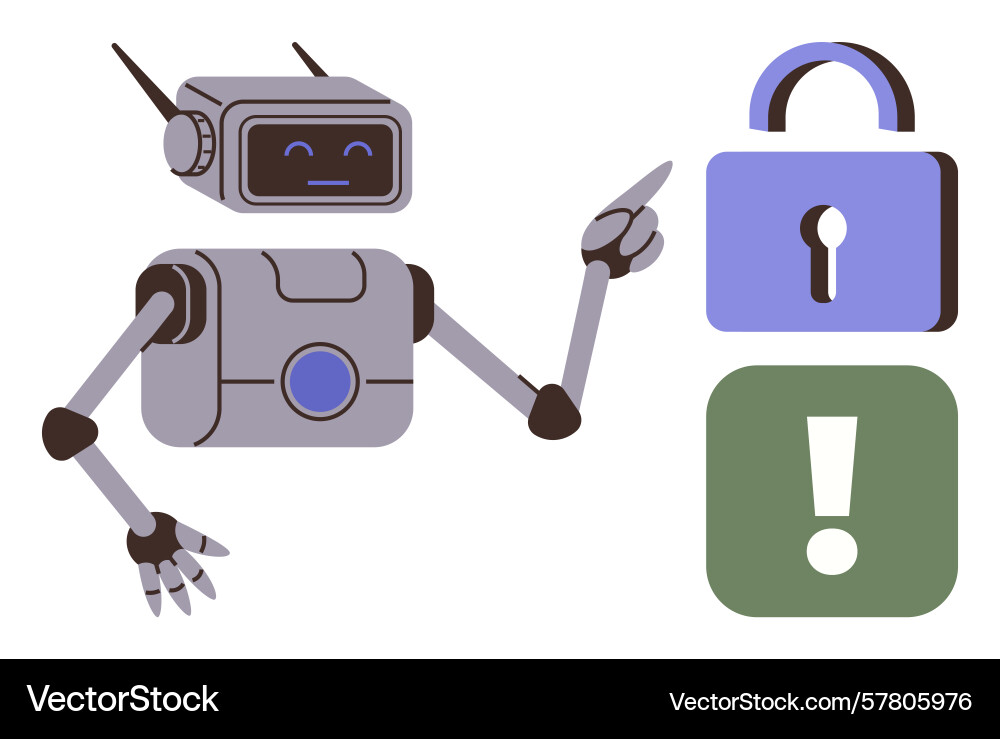 Robot pointing at security lock and alert symbol Vector Image