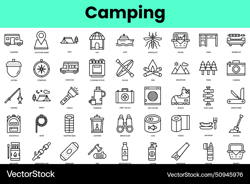 Set of camping icons linear style icon bundle Set of camping icons linear style icon bundle vector image