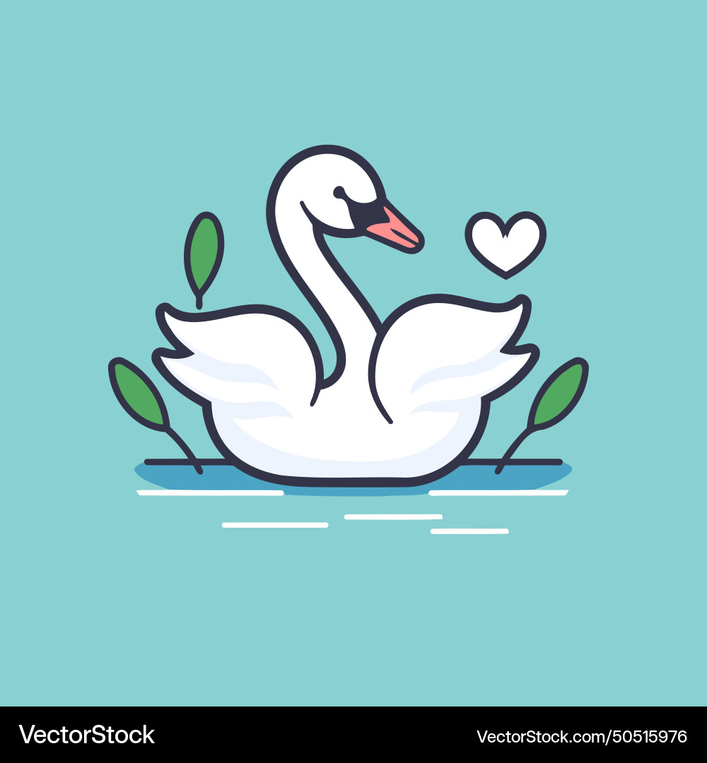 Swan with heart in flat linear style isolated Vector Image