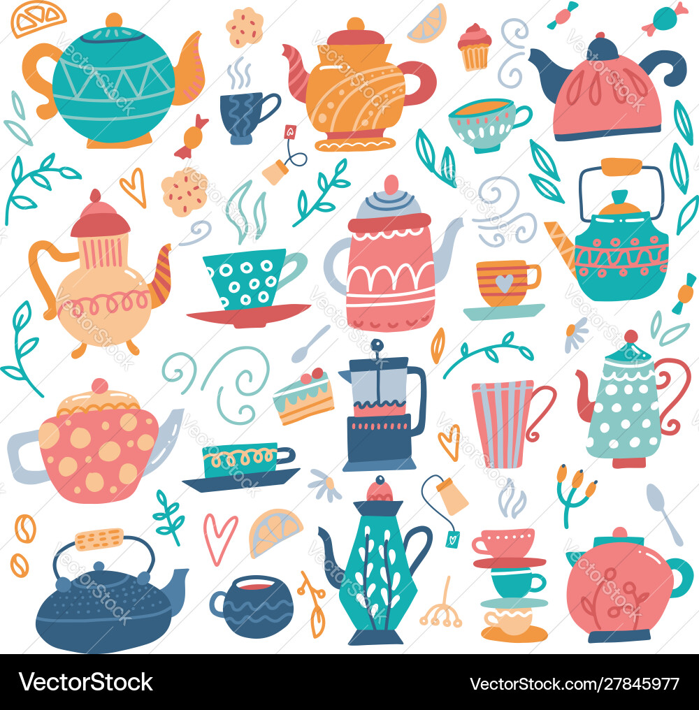 Hand-Drawn Teapot & Cups Set Vector Image