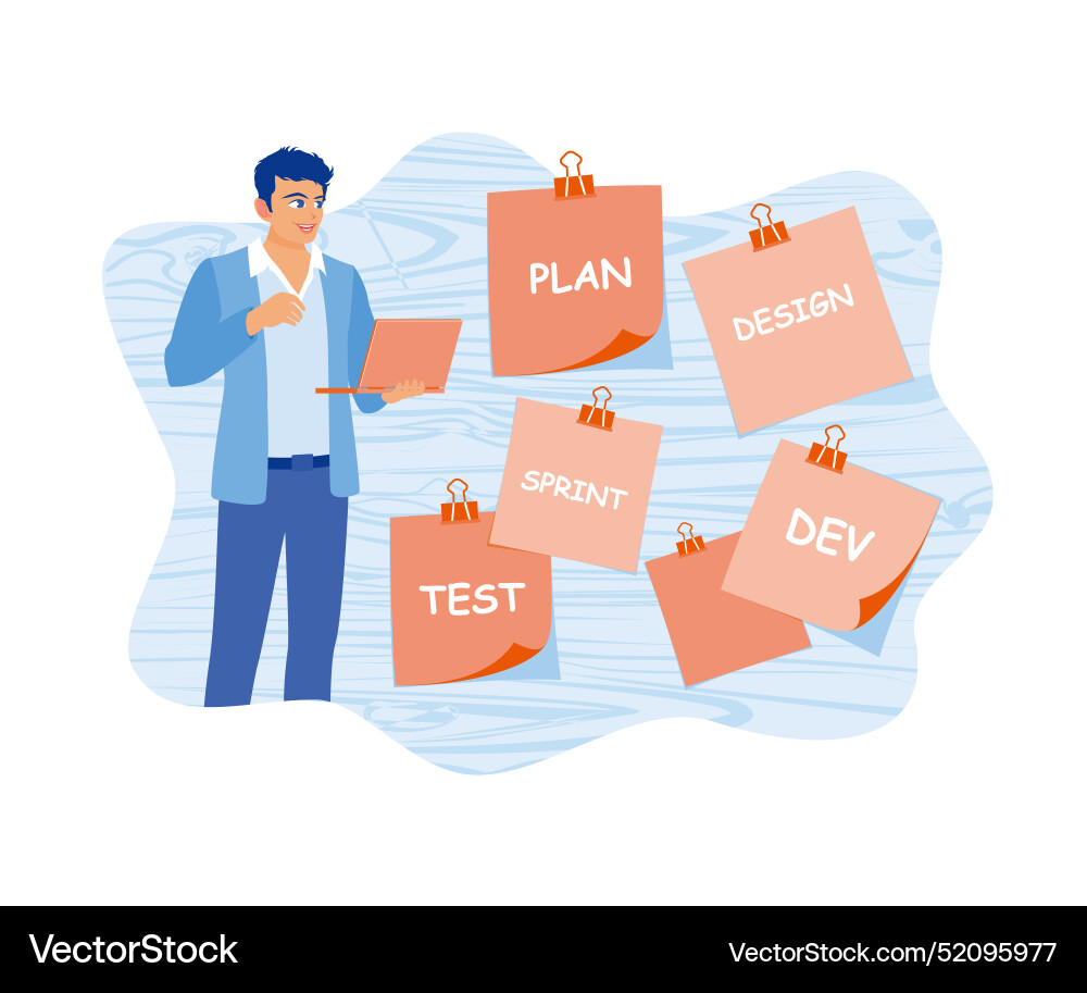 Man developing software using a laptop make notes Man developing software using a laptop make notes Vector Image