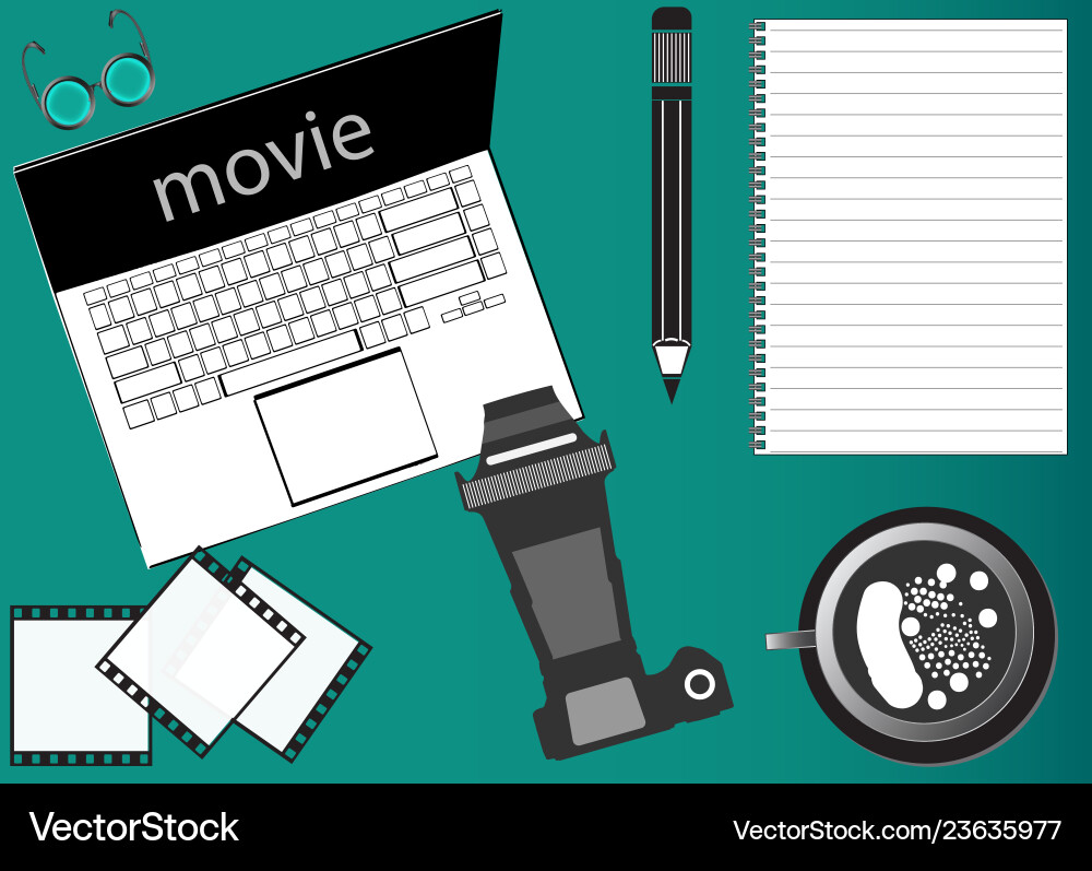 Notebook, Pencil, Camera on Lime Background Vector Image