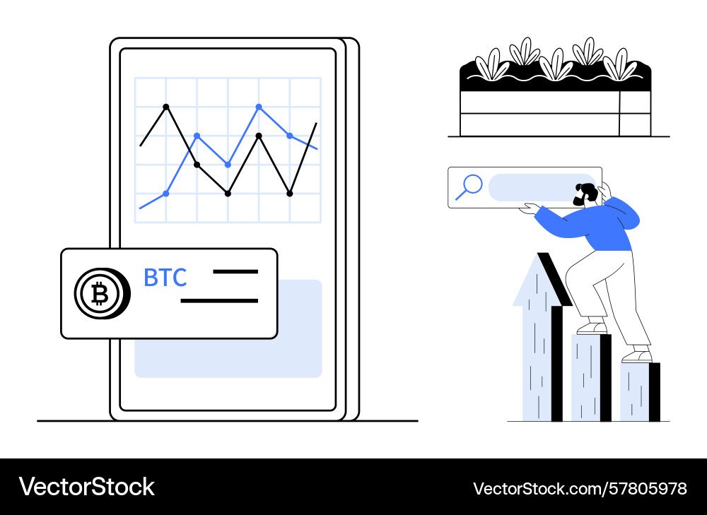 Digital finance concept with man analyzing bitcoin Digital finance concept with man analyzing bitcoin Vector Image
