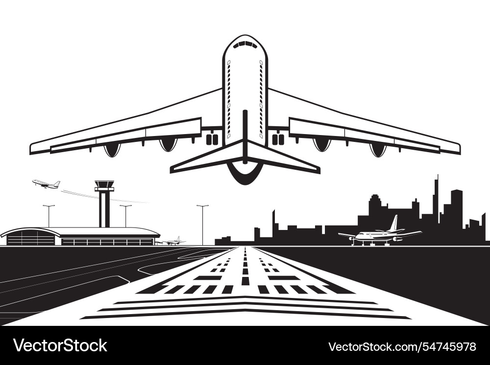 Passenger plane landing on runway at city airport Passenger plane landing on runway at city airport vector image