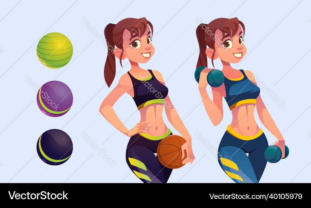 Schönes Mädchen mit Hanteln und Sportball Schönes Mädchen mit Hanteln und Sportball vektorbild