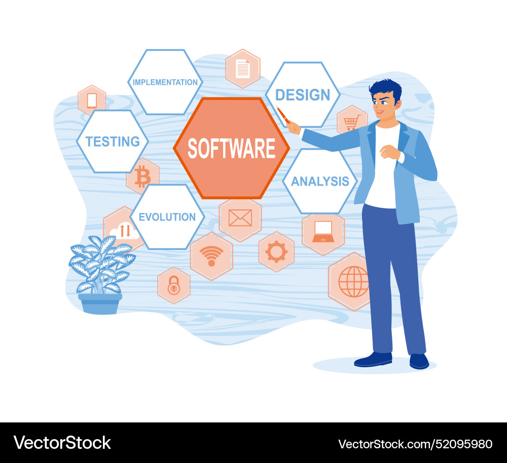 Man working using virtual screen develop software Man working using virtual screen develop software vector image