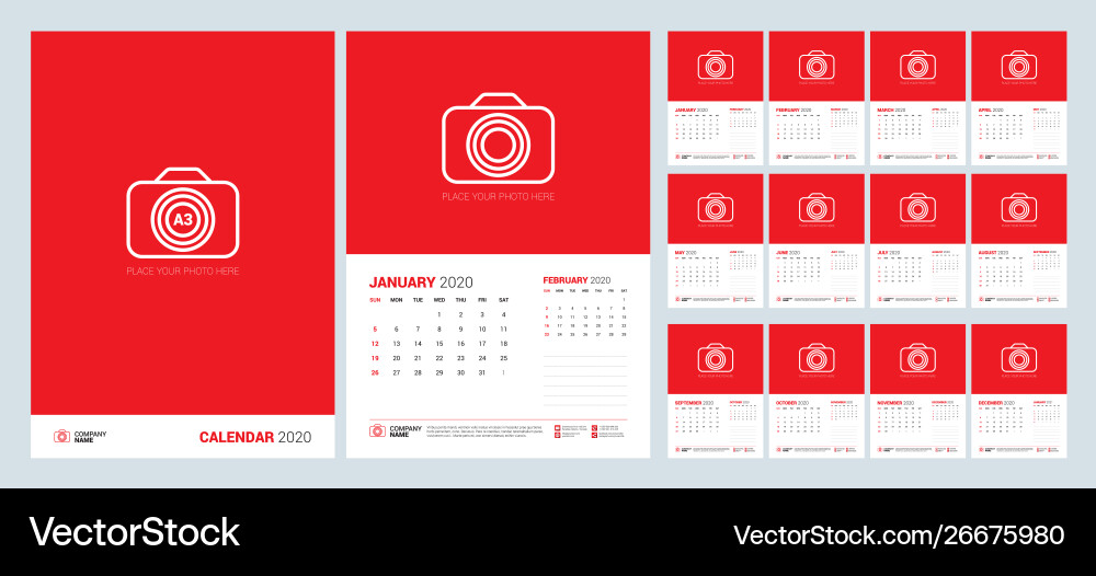 Wall calendar template for 2020 year week starts Wall calendar template for 2020 year week starts vector image