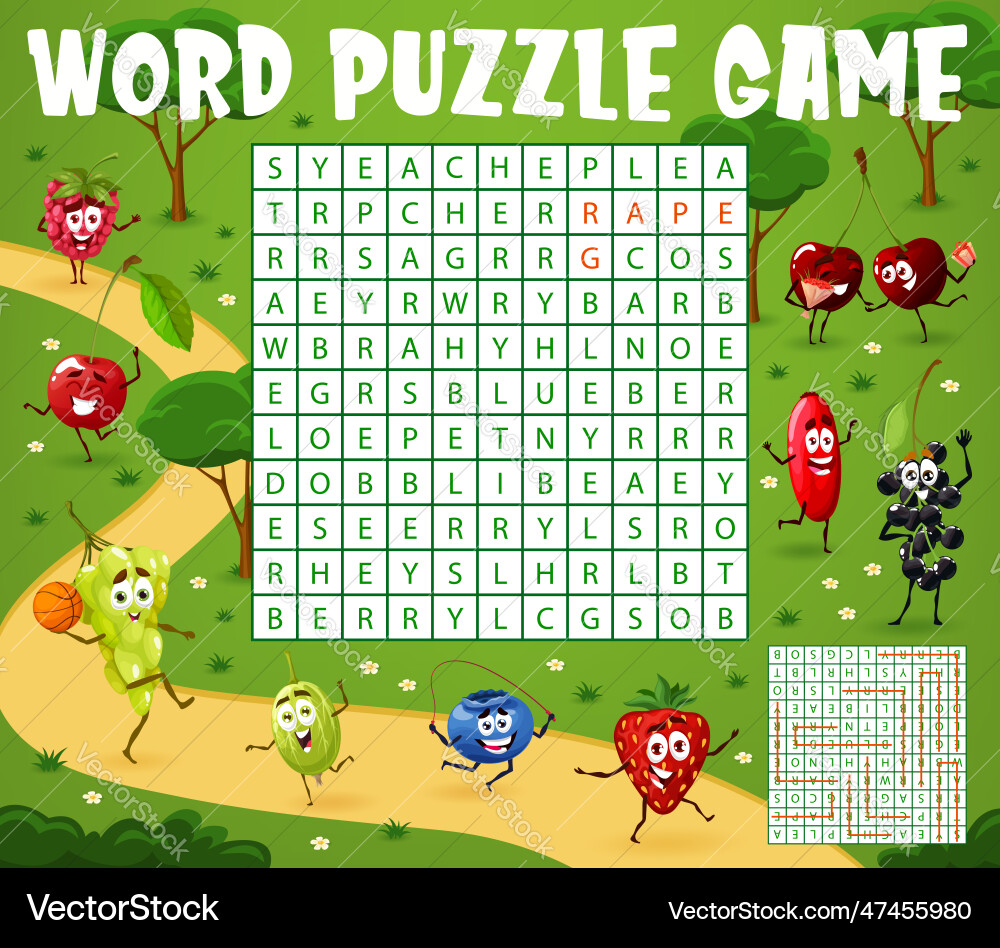 Word search puzzle game with berry characters vector image