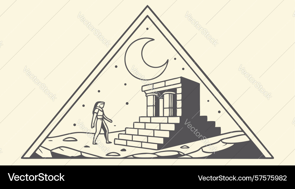 Triangular badge with ancient temple and crescent vector image