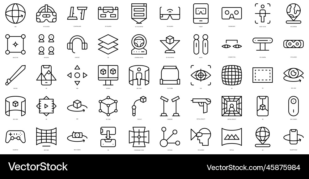 Set of simple outline virtual reality icons thin Set of simple outline virtual reality icons thin vector image