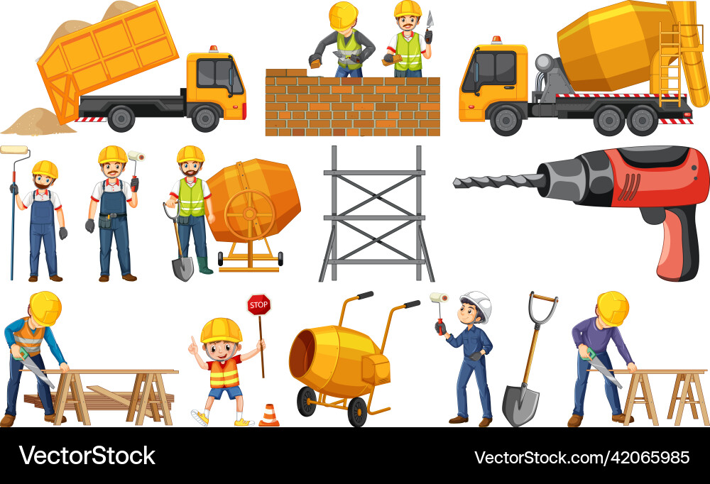 Construction worker set with man and tools Vector Image