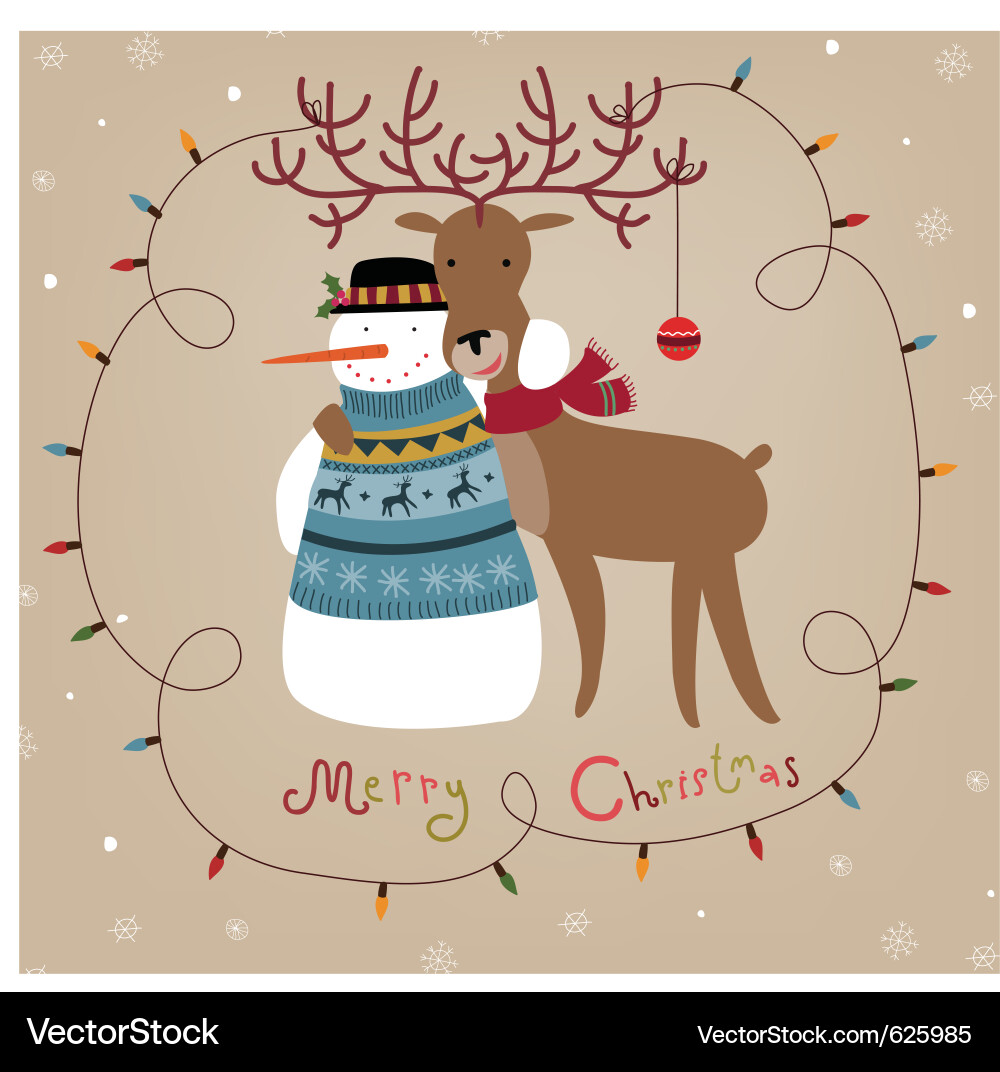 Festive Christmas Background with Snowman and Rein Vector Image