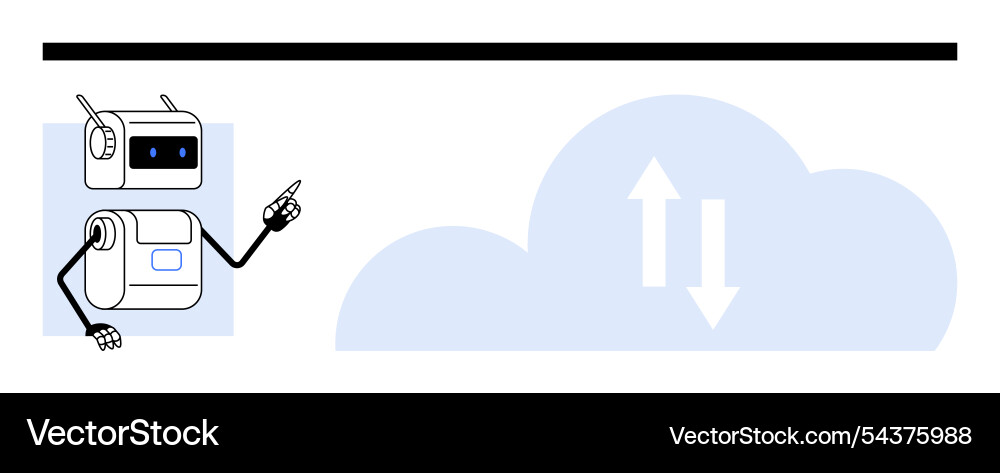 Digital robot pointing towards a cloud with upward Digital robot pointing towards a cloud with upward vector image