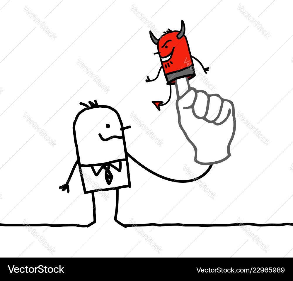 Man with puppet devil on finger Vector Image