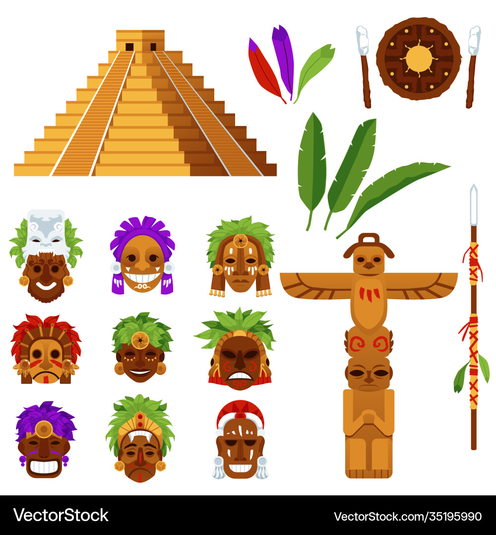 Aztec oder Mayan Masken und Totem-Symbole setzen flach Aztec oder Mayan Masken und Totem-Symbole setzen flach vektorbild