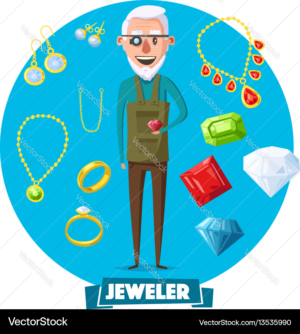 Jeweler man profession and jewelry items Vector Image