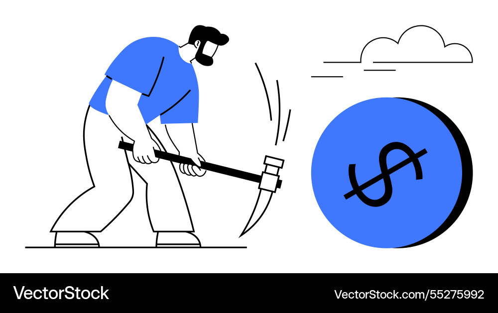 Man mining a dollar coin with pickaxe Man mining a dollar coin with pickaxe vector image
