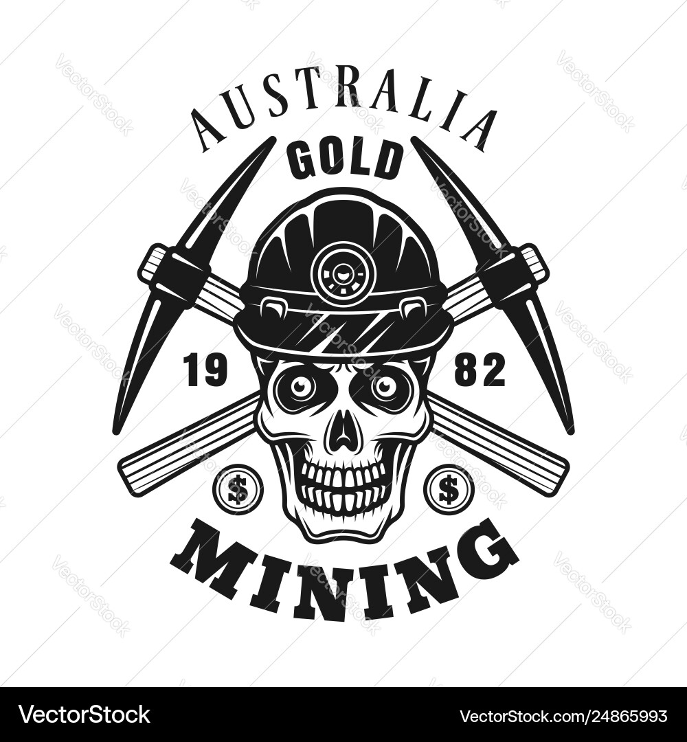 Gold Miner Skull with Crossed Pickaxes Vector Image