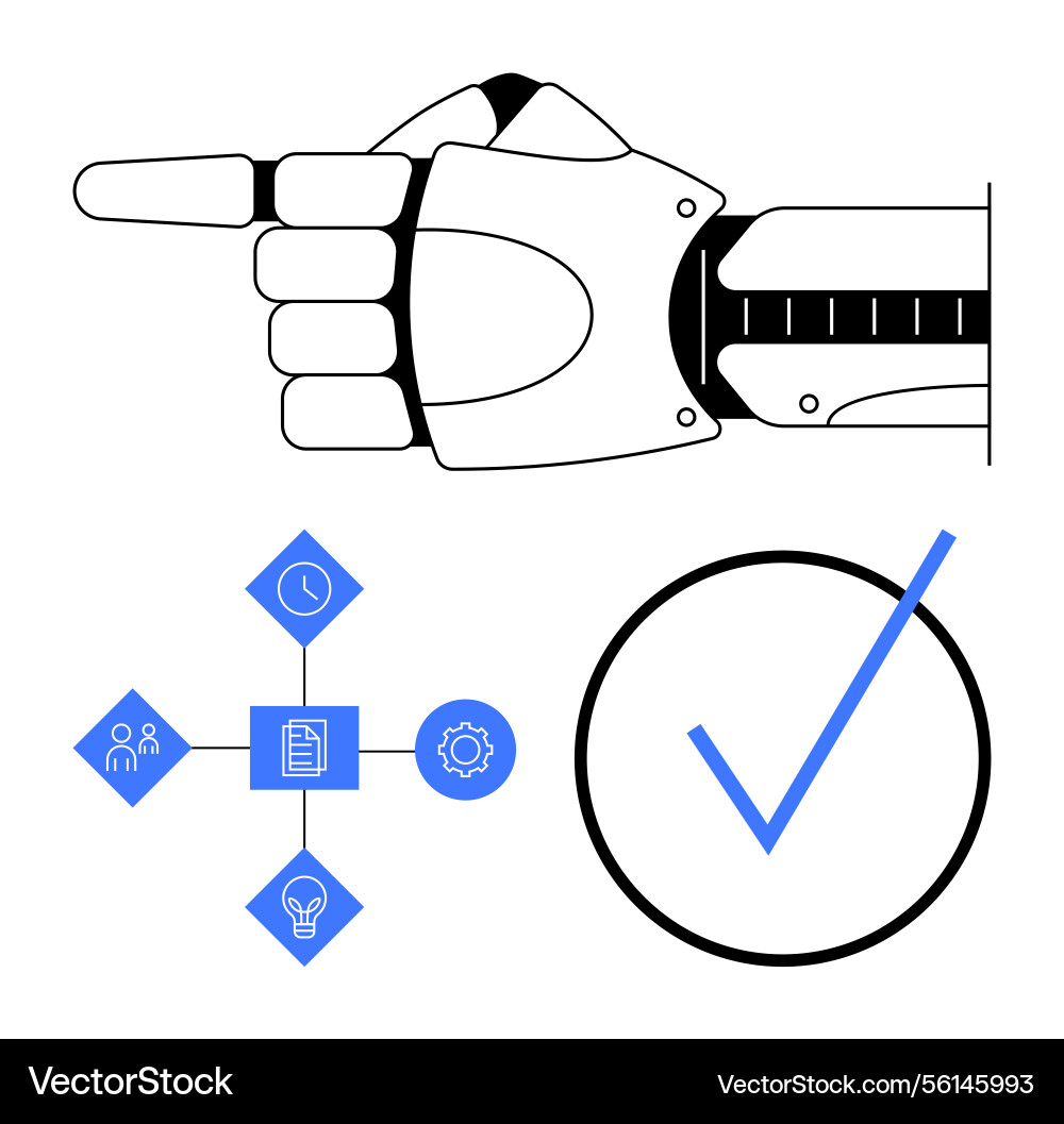 Robotic hand pointing with process flowchart Robotic hand pointing with process flowchart vector image
