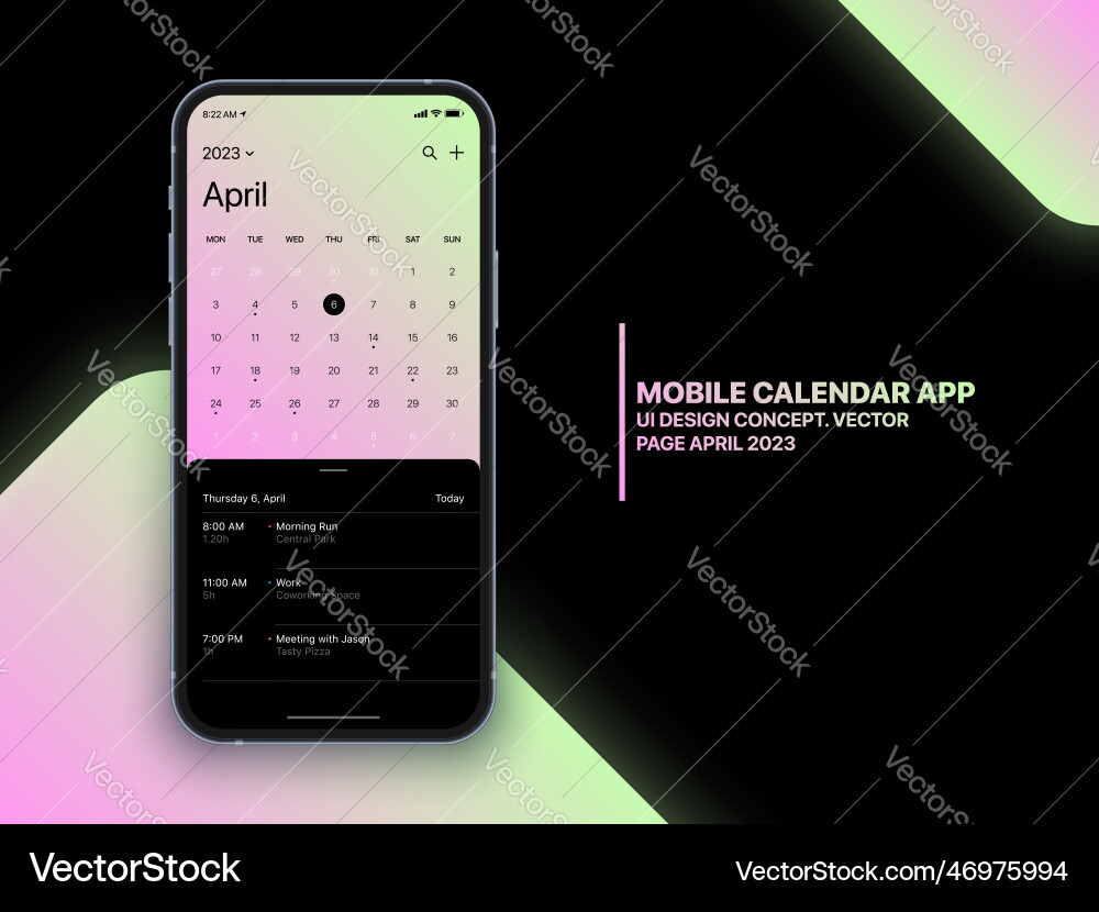 Mobile app calendar 2023 with to do list Mobile app calendar 2023 with to do list vector image