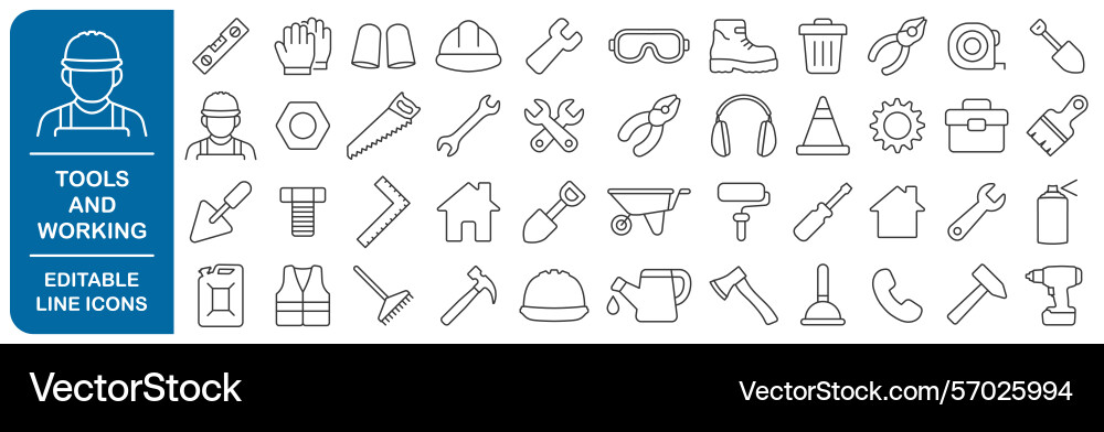 Tools and working safety editable line icons set Vector Image
