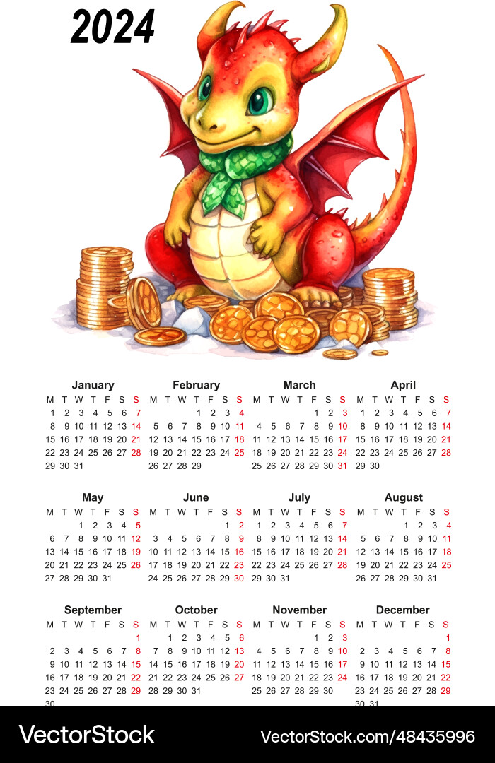 Calendar 2024 dragon watercolor chinese template Calendar 2024 dragon watercolor chinese template vector image