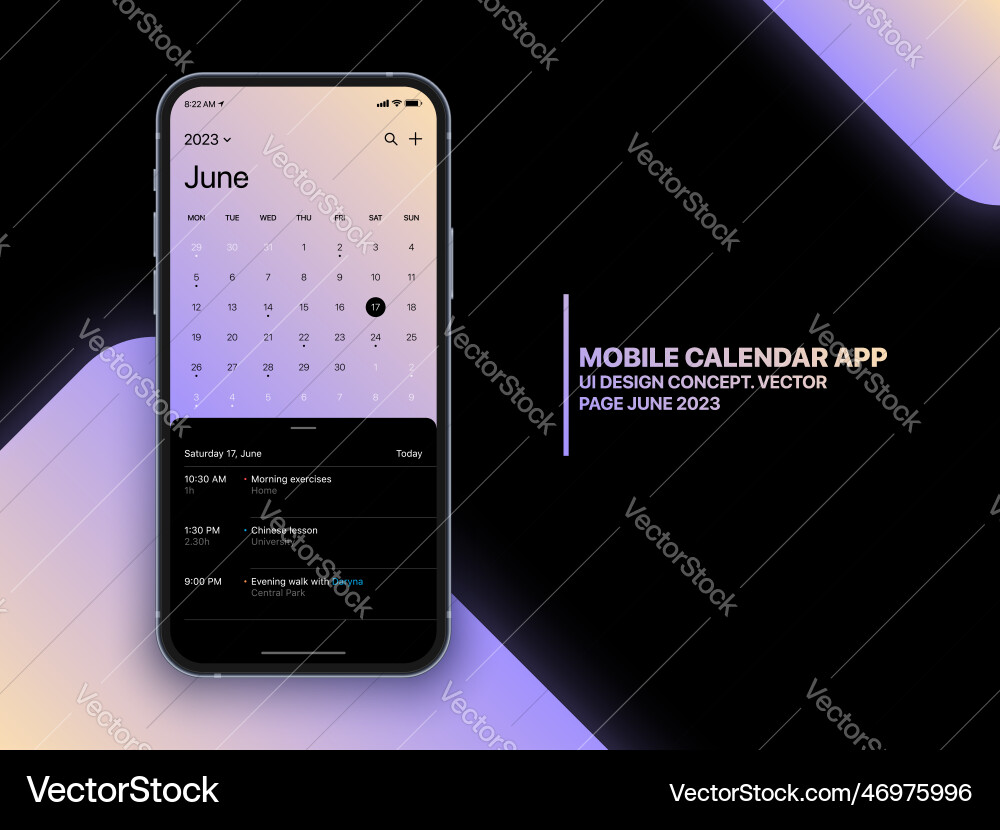 Mobile app calendar 2023 with to do list Mobile app calendar 2023 with to do list vector image