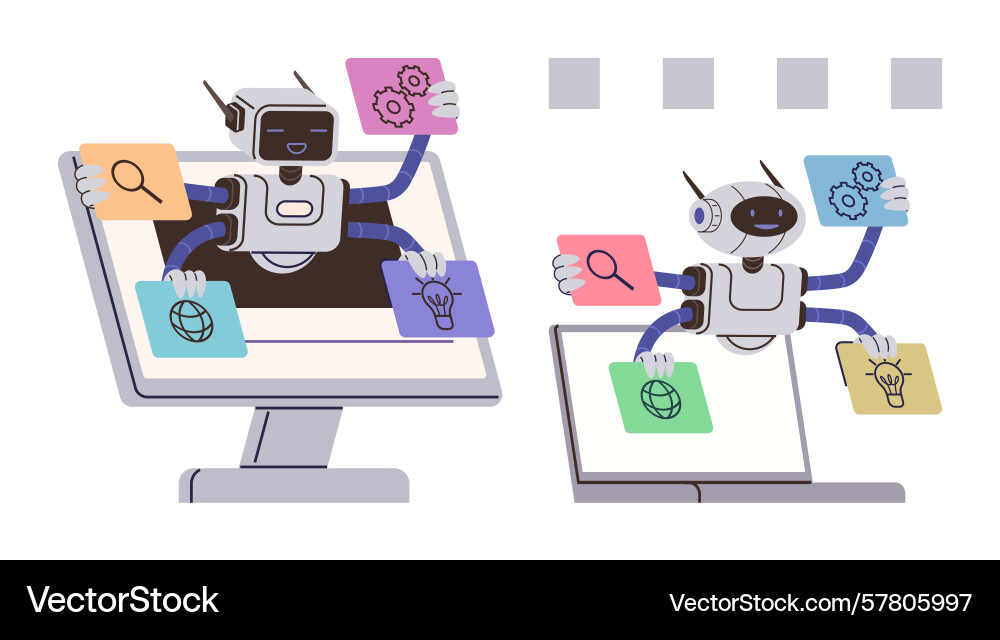 Robot using multiple arms to organize documents Robot using multiple arms to organize documents vector image