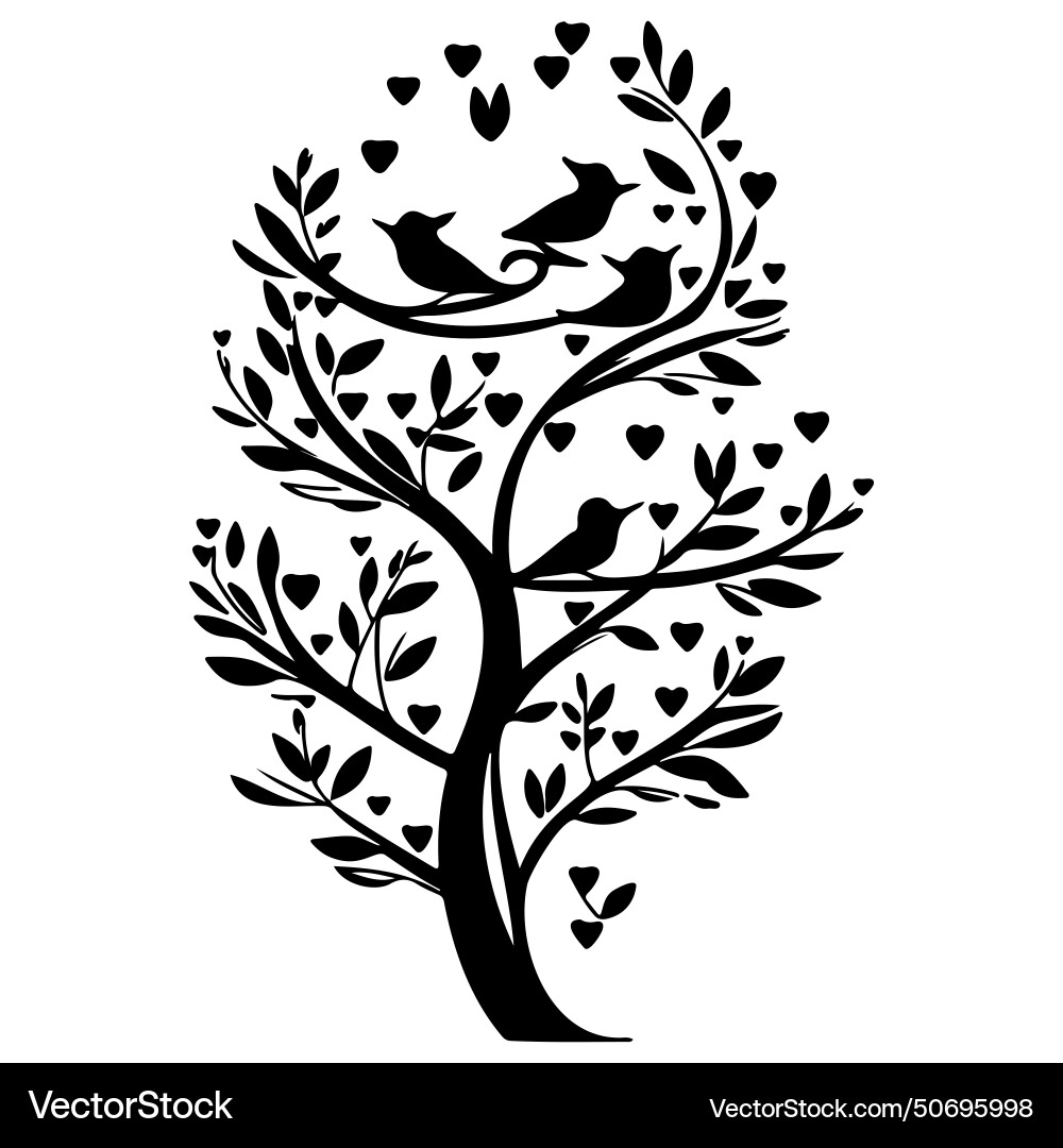 Valentine tree hearts and two birds sketch Vector Image