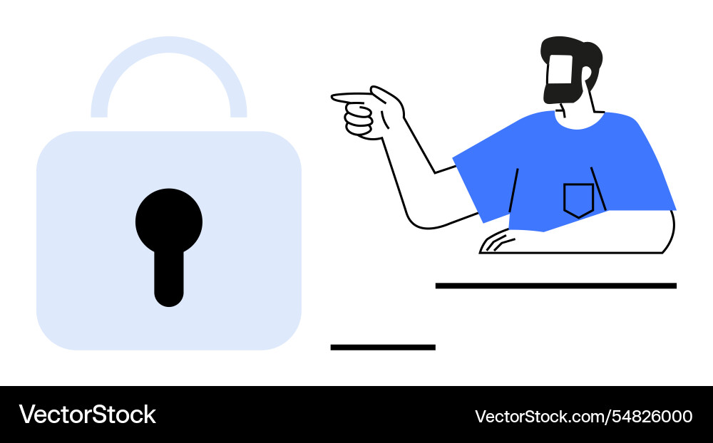 Man pointing at large padlock highlighting Man pointing at large padlock highlighting vector image
