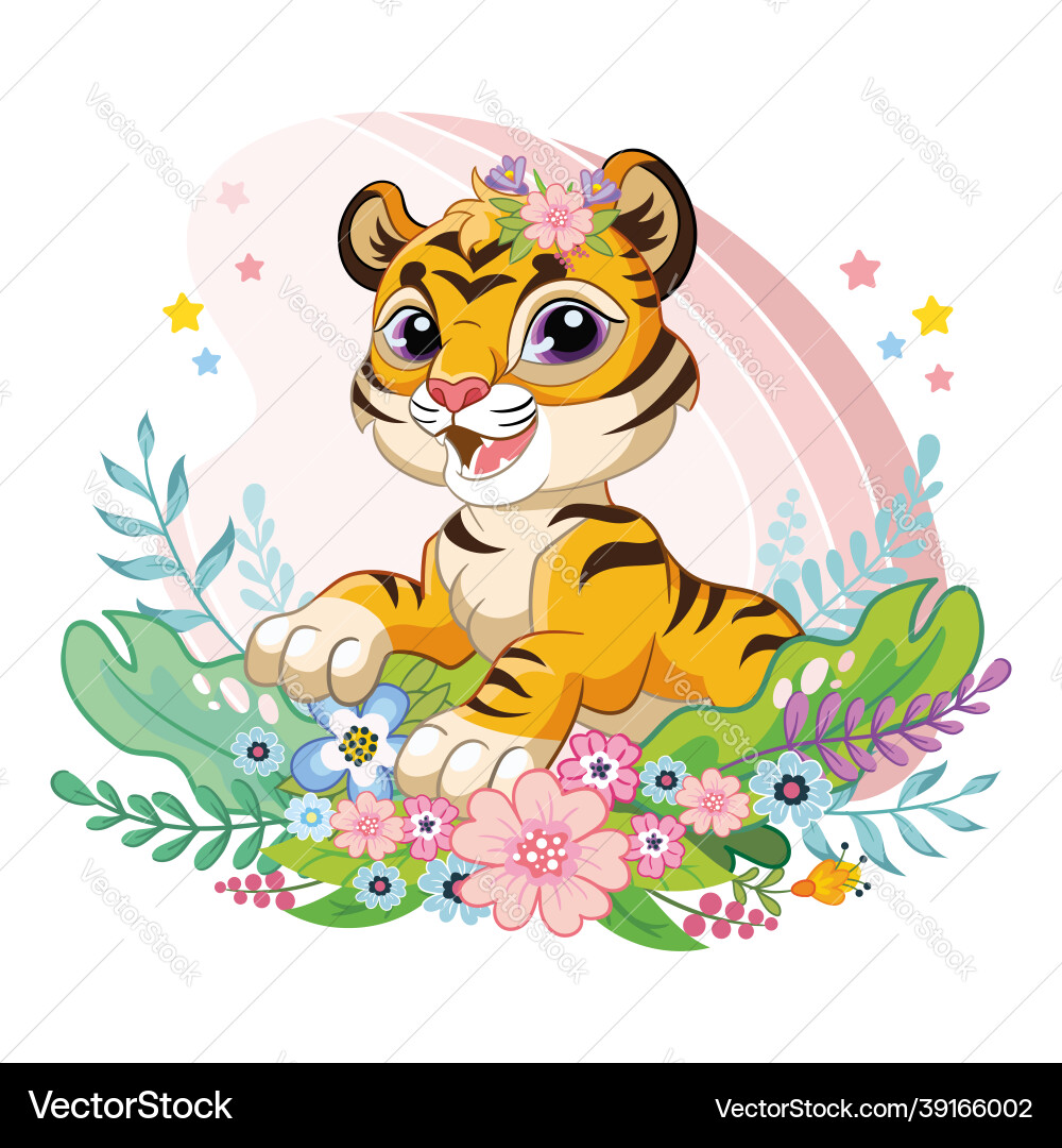 Cute cartoon tiger cub in flowers Cute cartoon tiger cub in flowers vector image