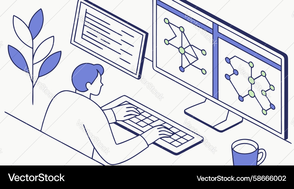 Person analyzing data on multiple screens Vector Image