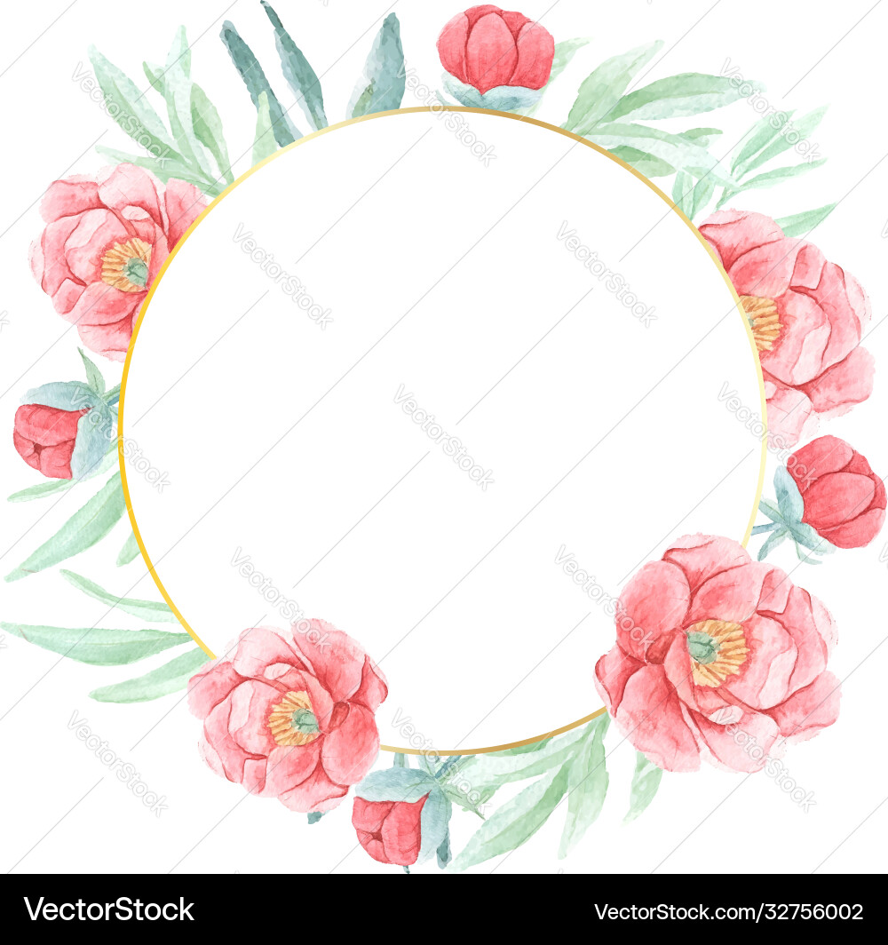 Watercolor red peony with round golden wreath Watercolor red peony with round golden wreath vector image