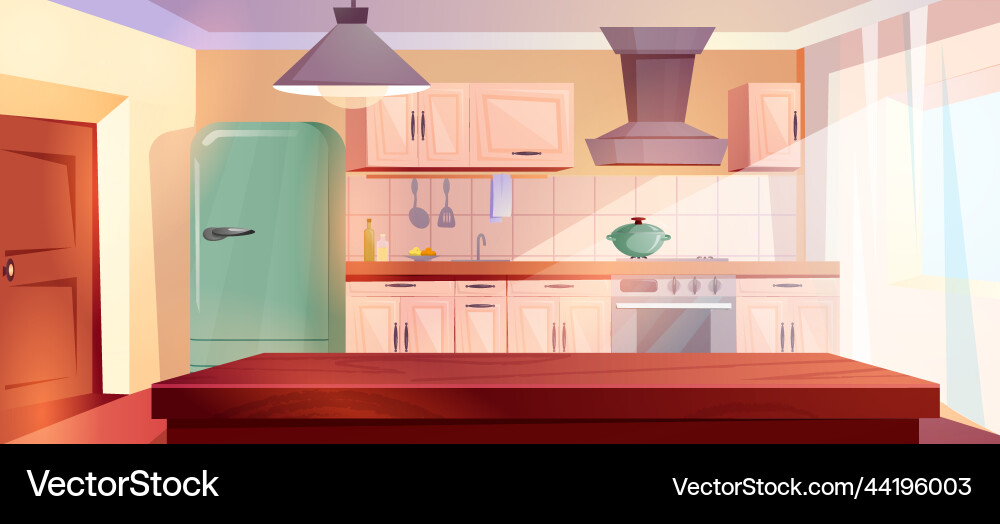 Cartoon retro kitchen interior with wooden table Cartoon retro kitchen interior with wooden table vector image