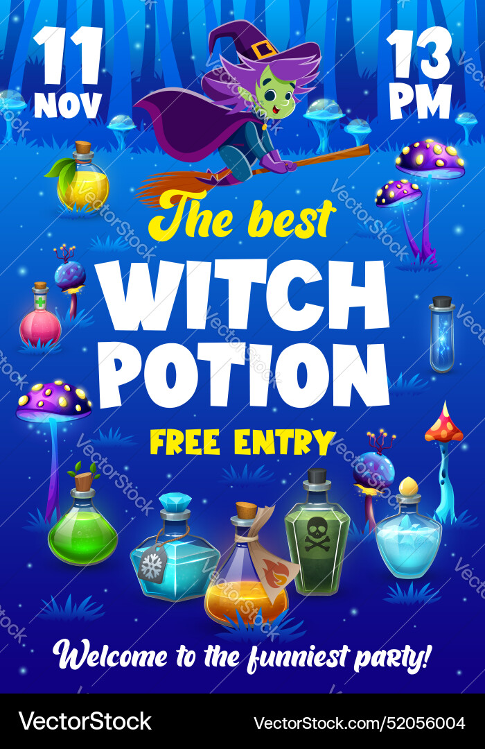 Halloween witch party flyer with and potion Vector Image