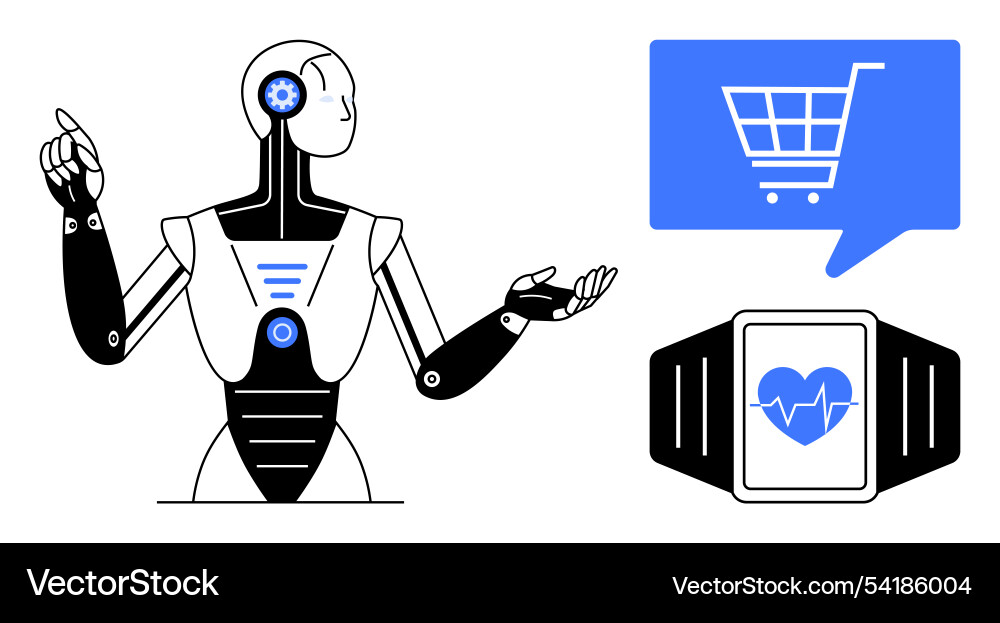 Robot interacting with digital shopping cart Robot interacting with digital shopping cart Vector Image