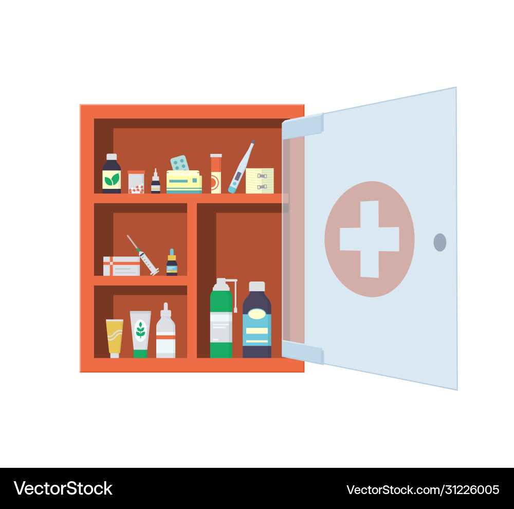 Red medical cabinet with open and closed glass Red medical cabinet with open and closed glass vector image