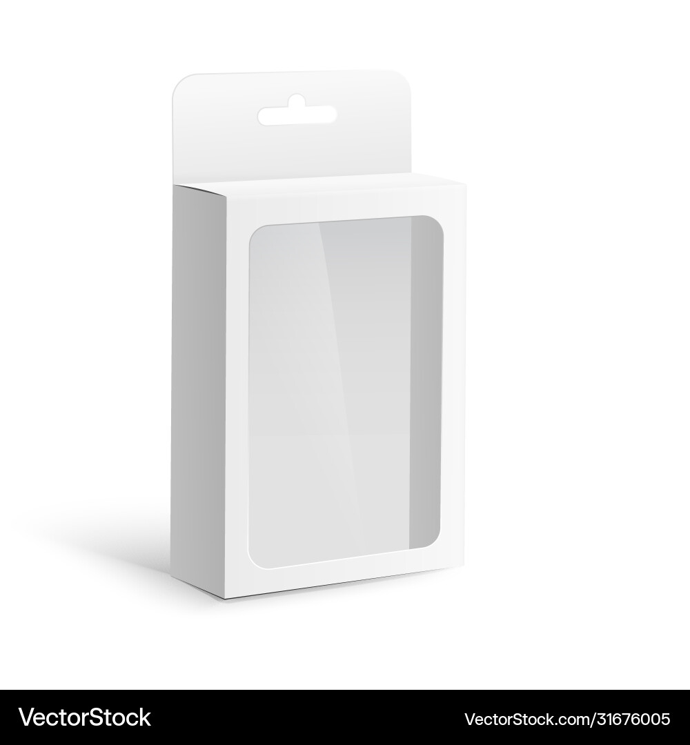Template box with hang tab and window realistic vector image