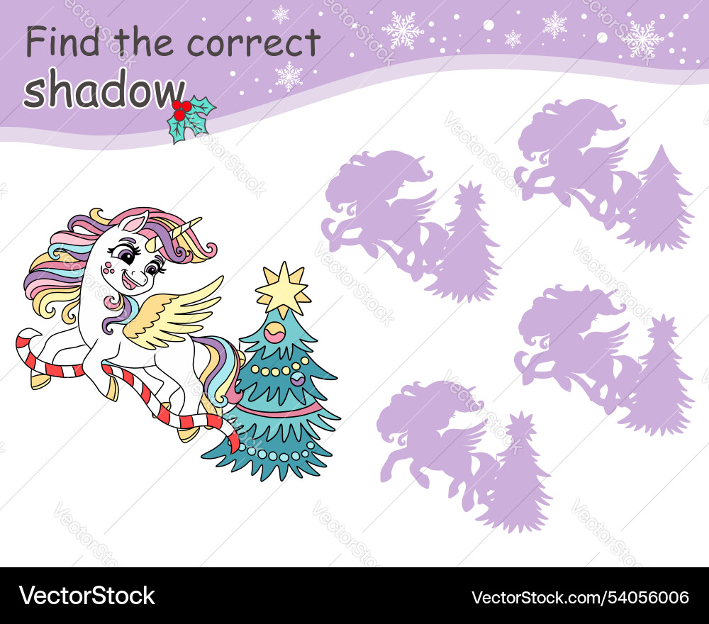 Find correct shadow game for kids with unicorn Vector Image