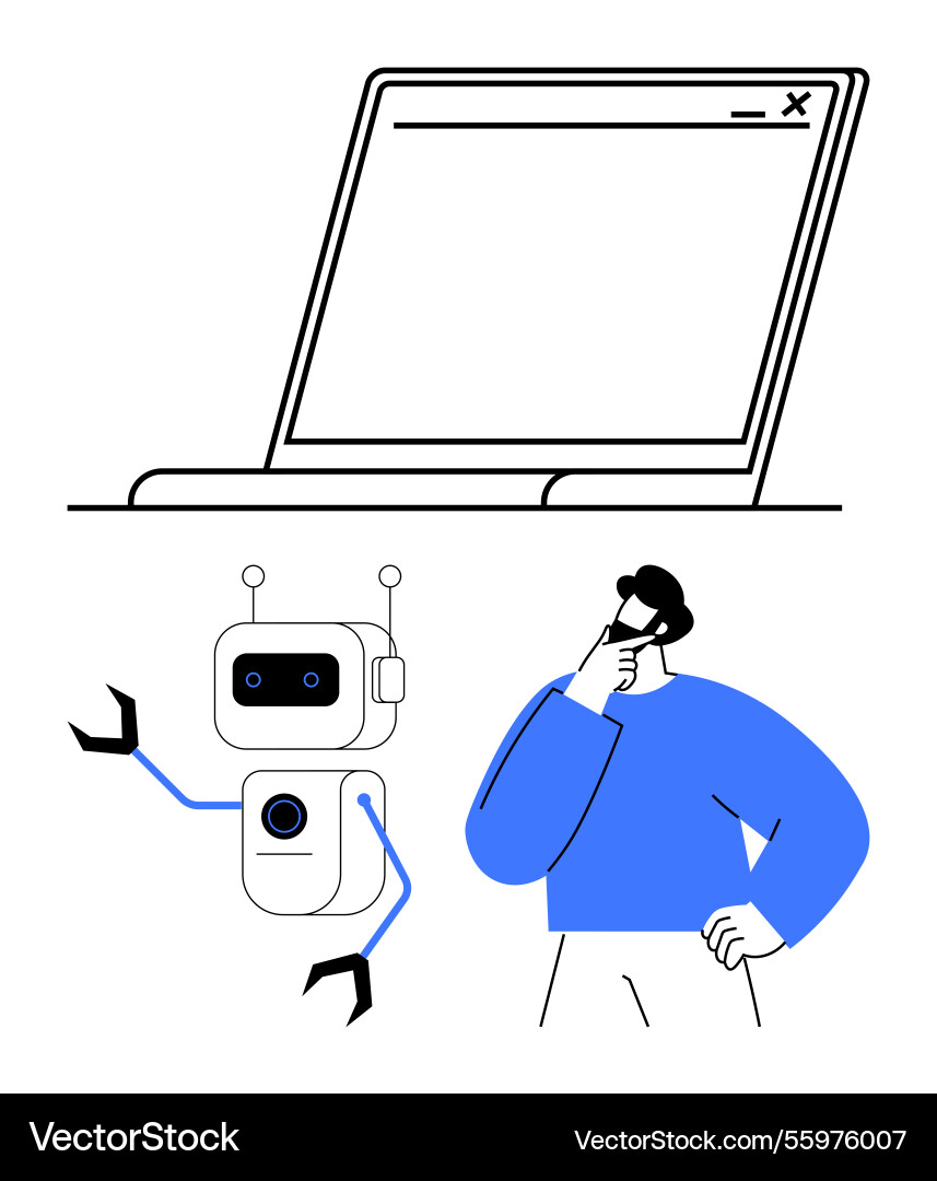 Man contemplating with robot assistant and open Man contemplating with robot assistant and open vector image