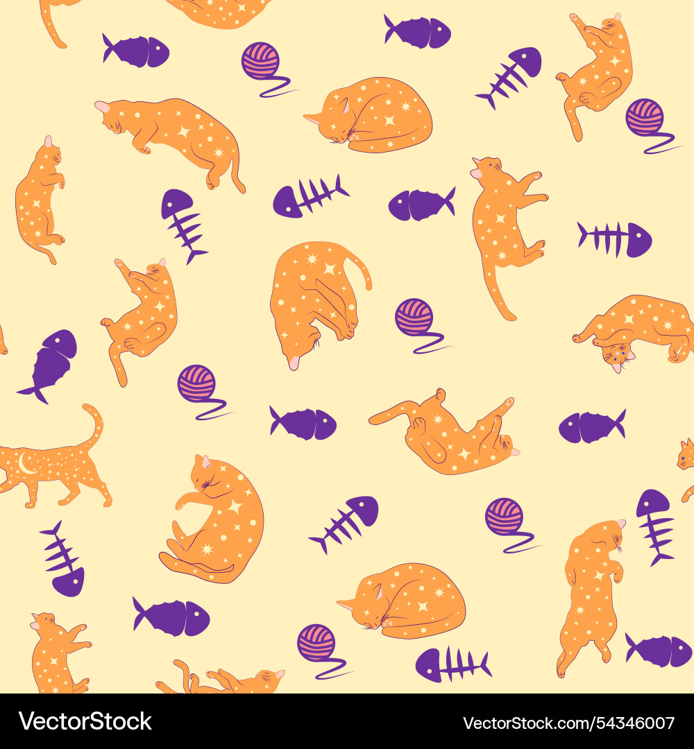 Mystical seamless pattern of cats in boho style Mystical seamless pattern of cats in boho style Vector Image