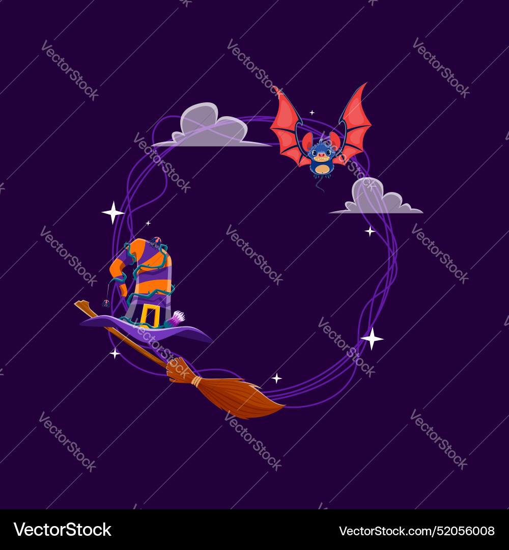 Halloween frame spooky bat witch hat and broom Halloween frame spooky bat witch hat and broom vector image