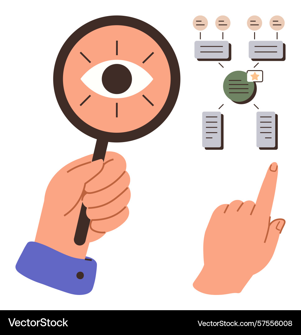 Magnifying glass and hand pointing at flowchart Magnifying glass and hand pointing at flowchart vector image