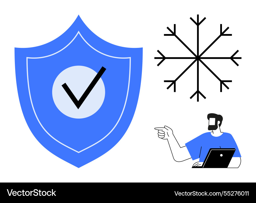 Blue shield with checkmark snowflake symbol Blue shield with checkmark snowflake symbol vector image
