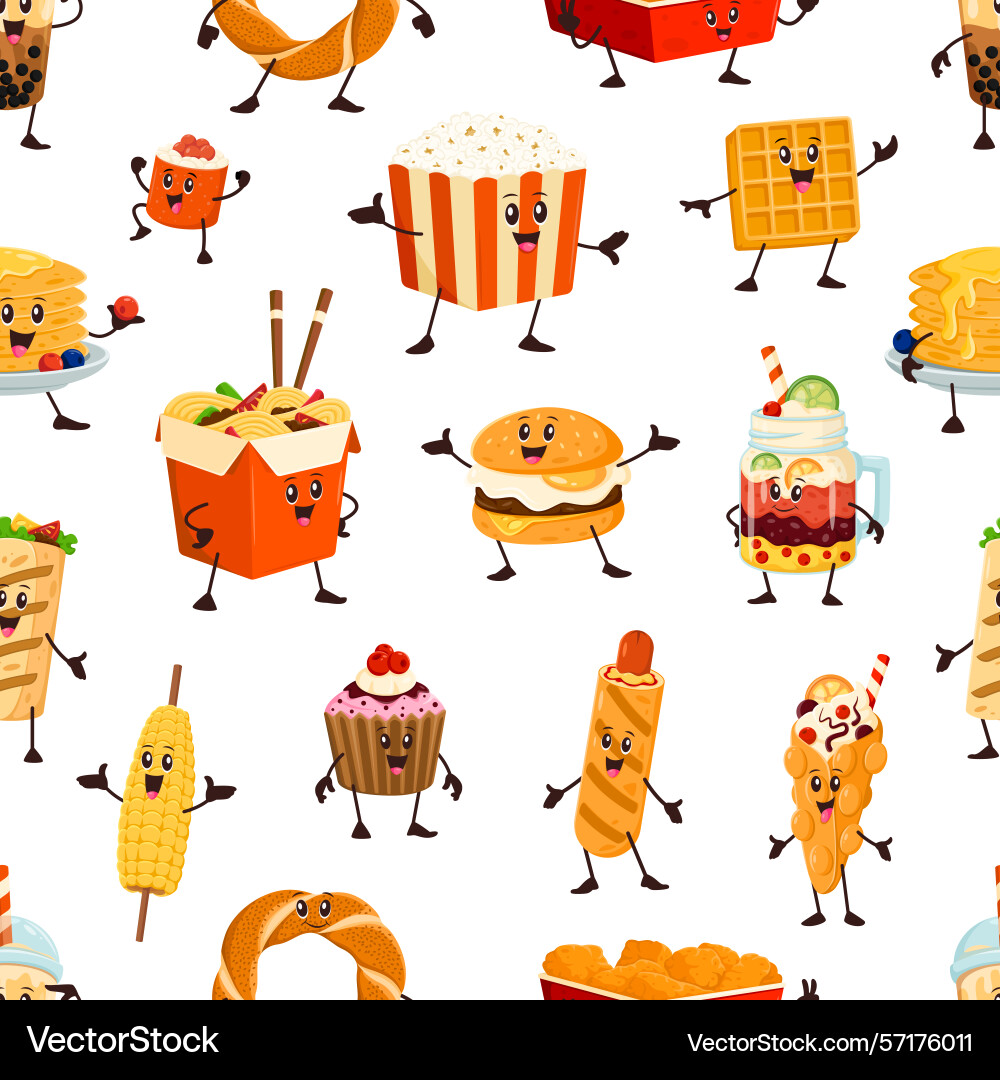 Cartoon funny fastfood characters seamless pattern Cartoon funny fastfood characters seamless pattern Vector Image