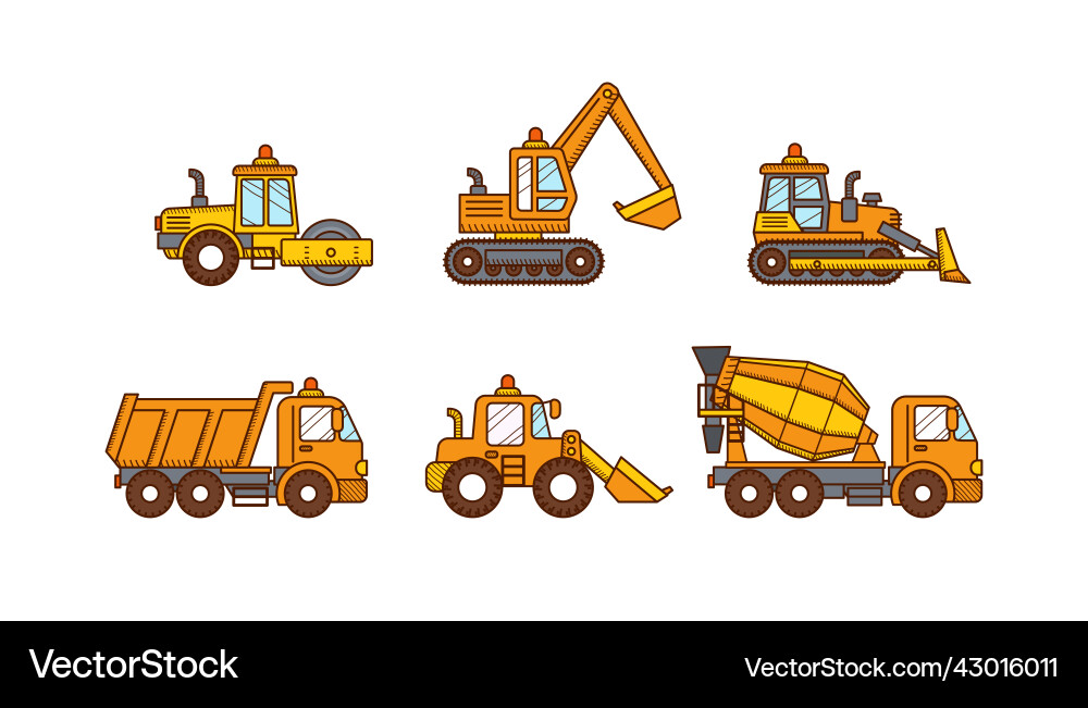 Construction Vehicles - Mixer Trucks, Excavators, vector image