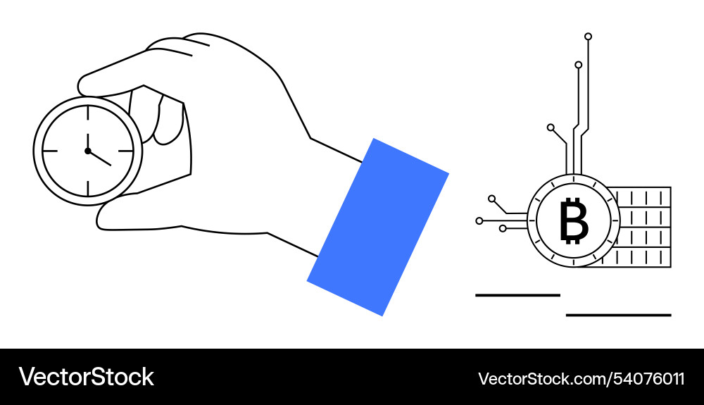 Hand holding clock with digital bitcoin circuit vector image