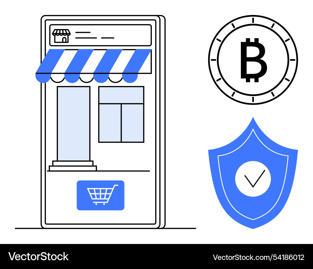 Online storefront with bitcoin and security shield Online storefront with bitcoin and security shield vector image